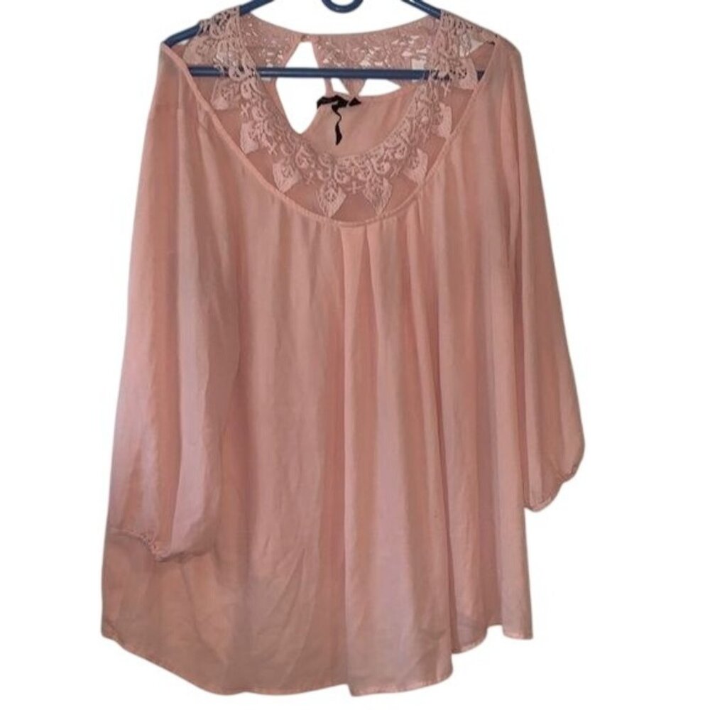 Pink Lace Accent Blouse With Keyhole Back & 3/4 Sleeves 1X Bellatrix